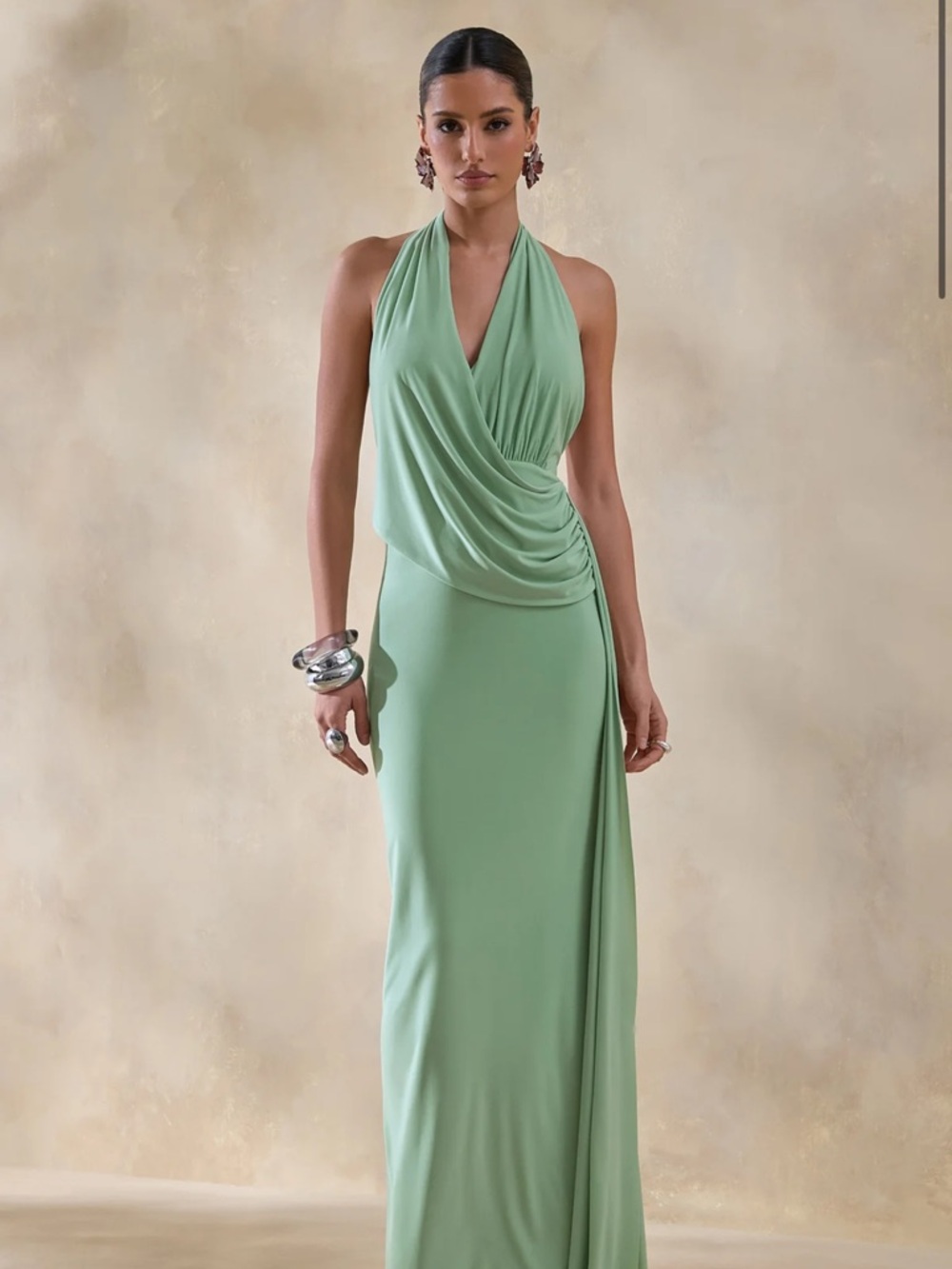 Club L London Mint Green One-Shoulder Draped Evening Gown